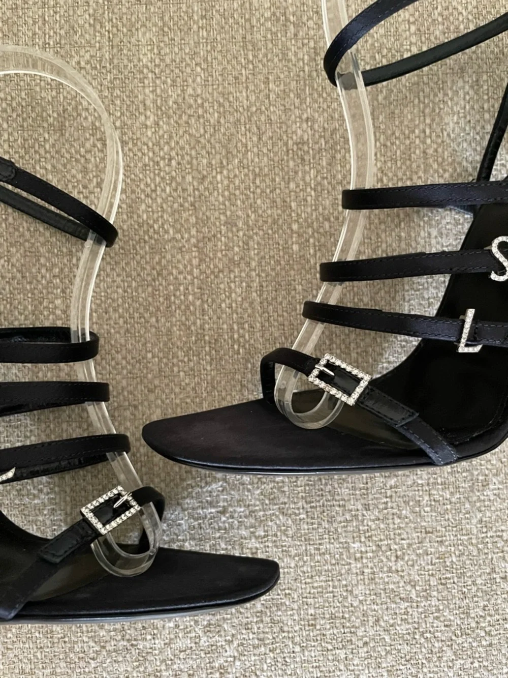 Saint Laurent Jerry Sandals Black Satin Rhinestone YSL Heels EU39 US9 NIB - Picture 6 of 16